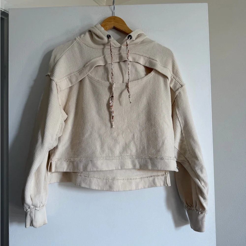 Anthropologie Pilcro Ivory Ribbed Cut Out Hoodie Top size XS EUC - Picture 4 of 8